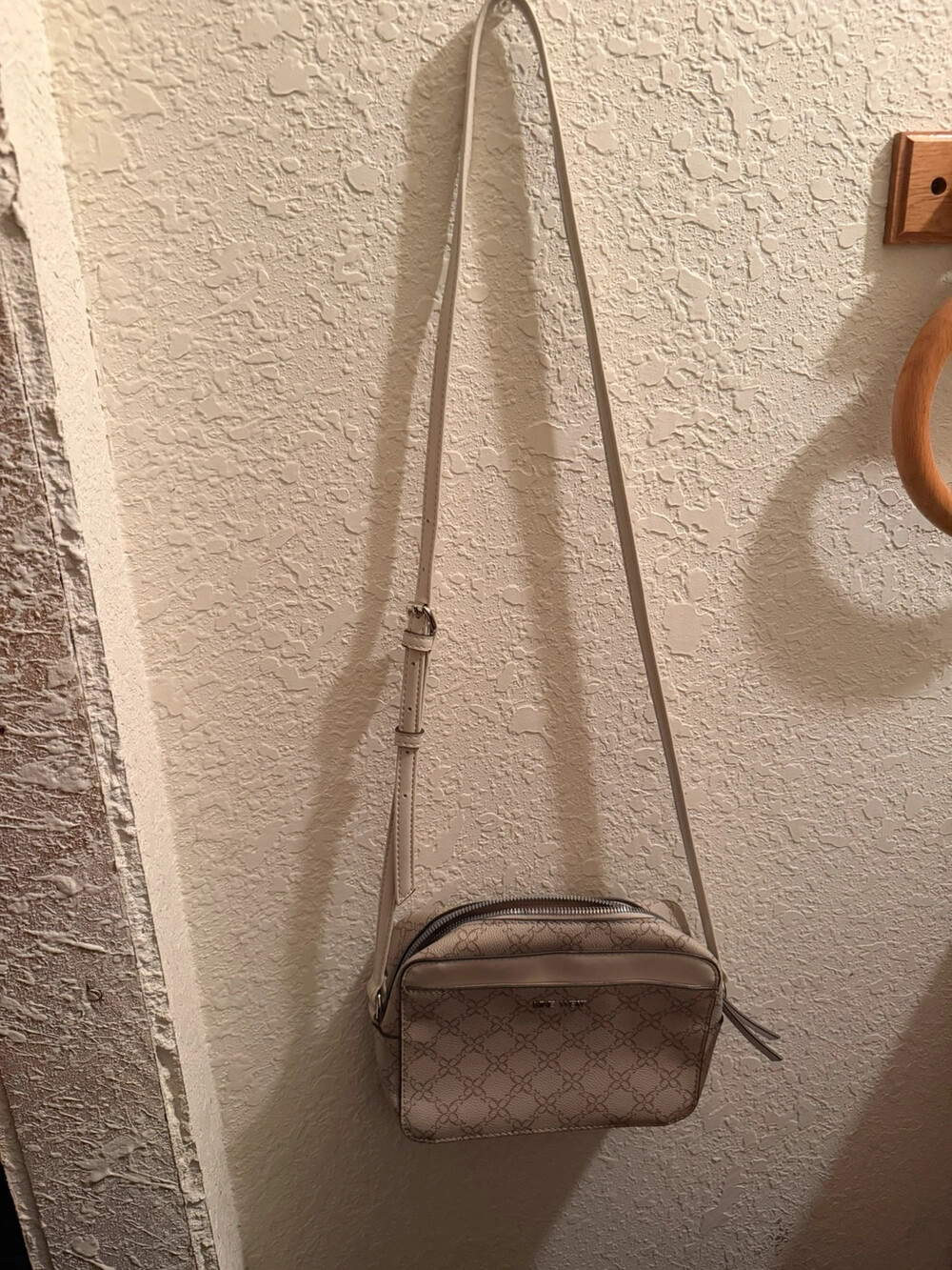 Nine West Monogram Camera Crossbody Bag Cream Beige Silver Hardware